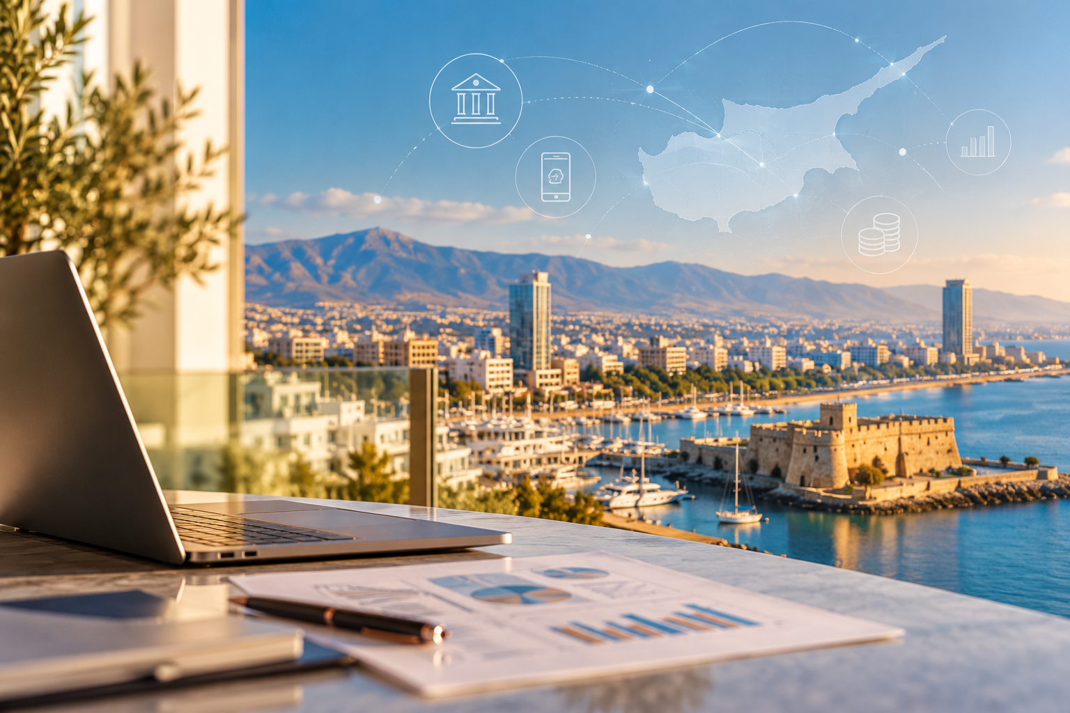 Cyprus coastal financial district with fintech research and analytics imagery